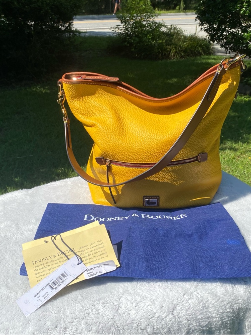 Dooney & Bourke Yellow Pebble Leather Shoulder Bag with Brown Trim